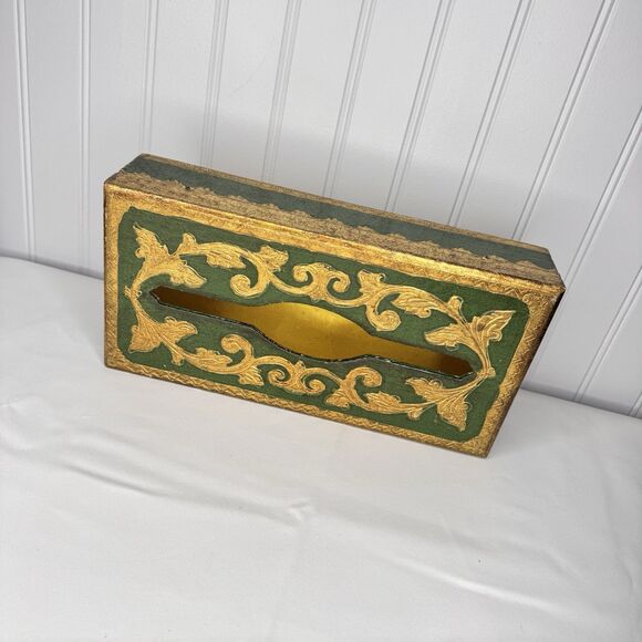 Vintage Florentine Tissue Box Green & Gold Gilt Gild Gilded Made in Italy - Picture 4 of 10